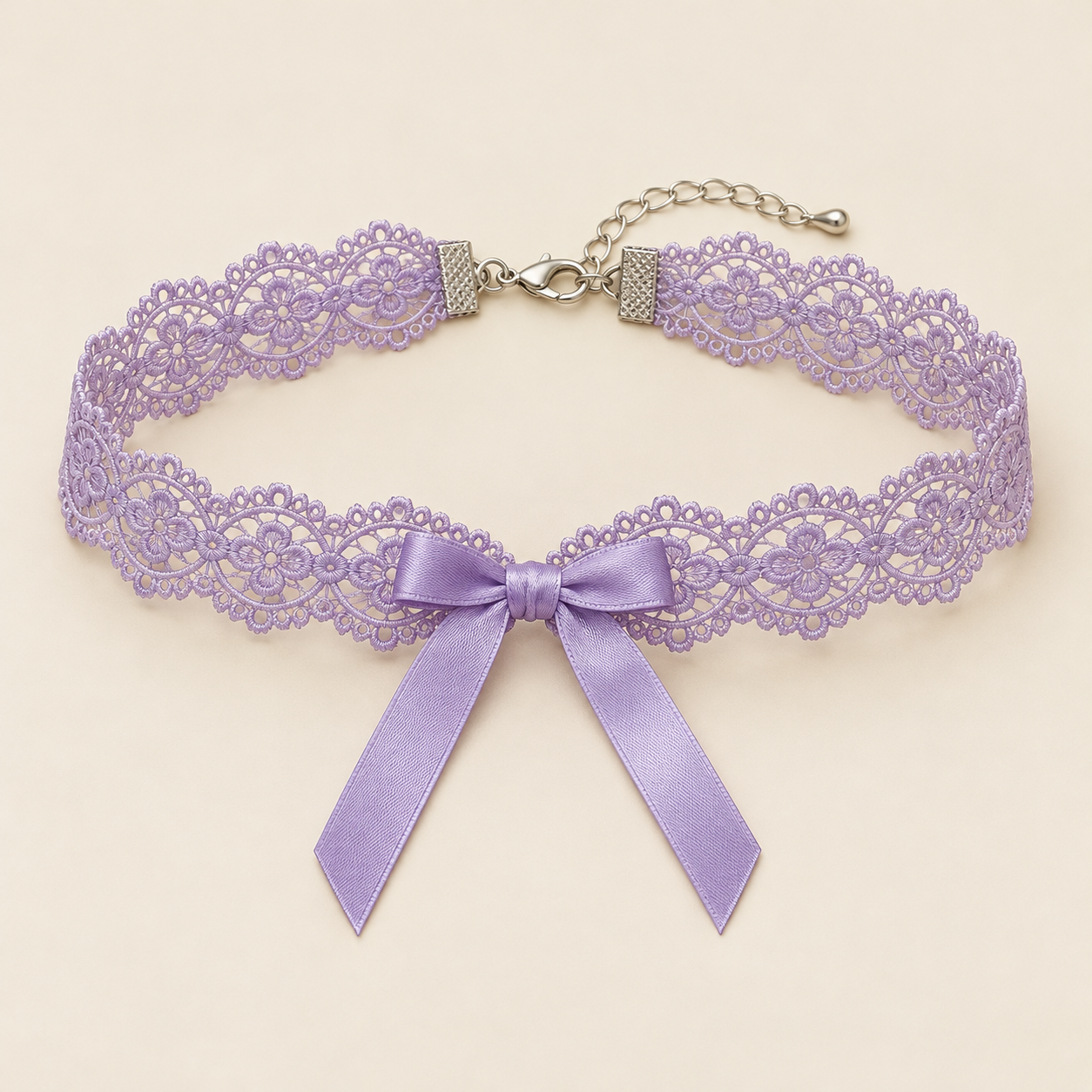 Lavender Ribbon, lavender purple polyester lace with a long-tail matching satin bow