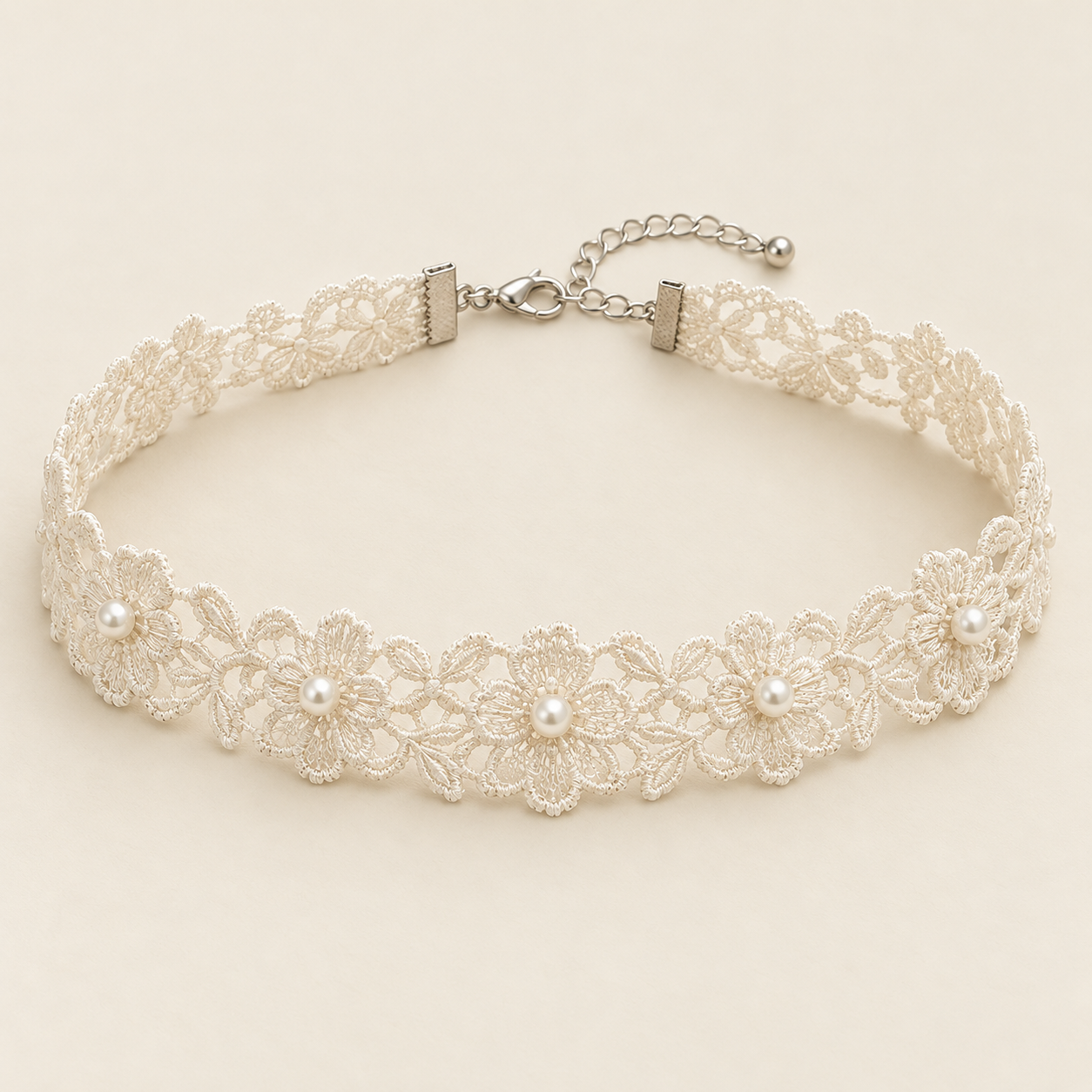 Pearl Picnic, ivory polyester floral lace with five small imitation pearl ornaments