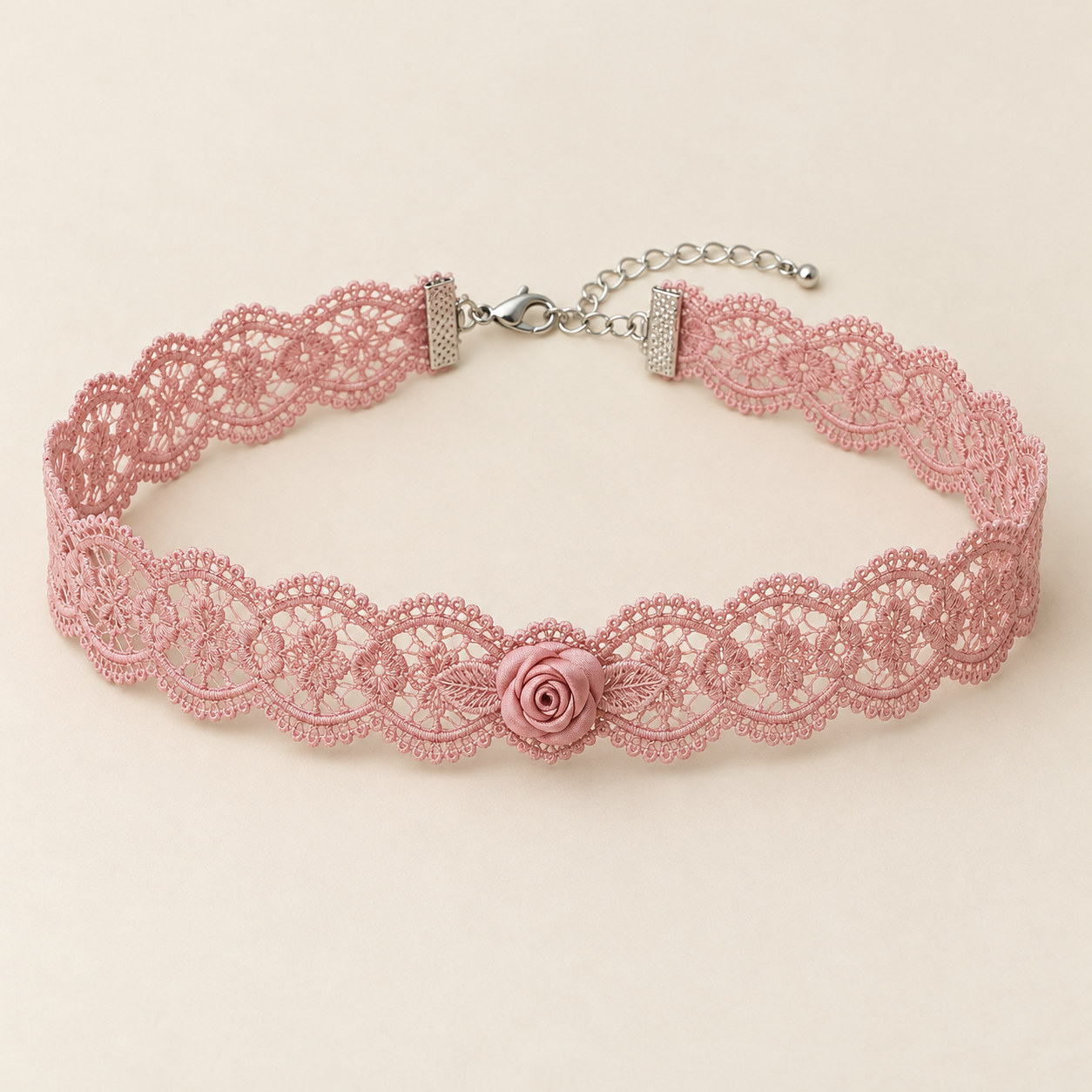 Rosebud Tie, rose pink polyester lace with one small satin rose ornament
