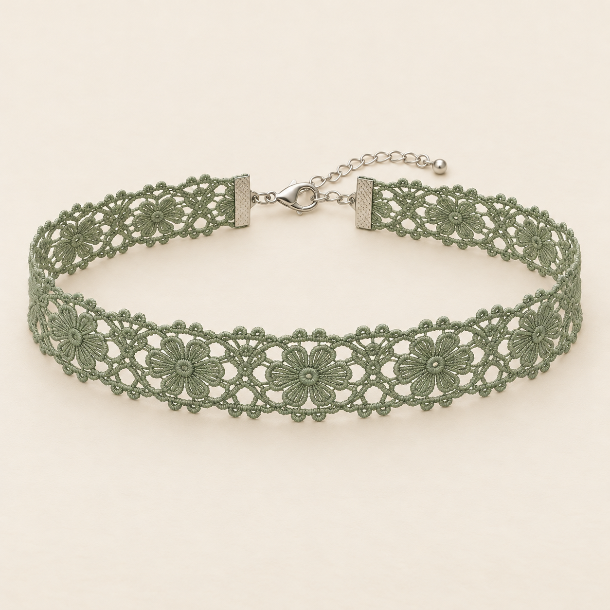 Sage Daisy, sage green cotton blend daisy-pattern openwork lace