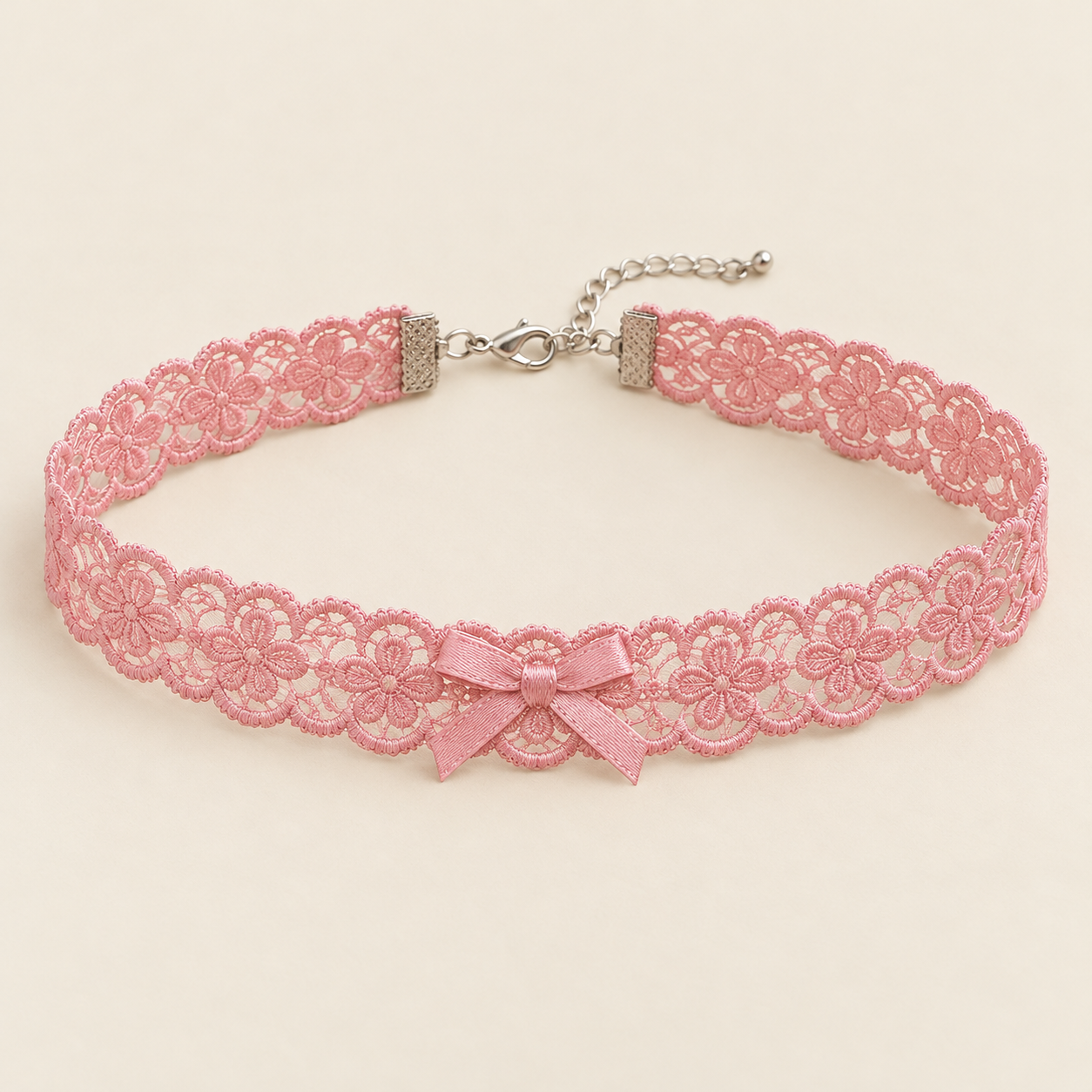 Strawberry Bow, strawberry pink polyester floral lace with small matching satin bow